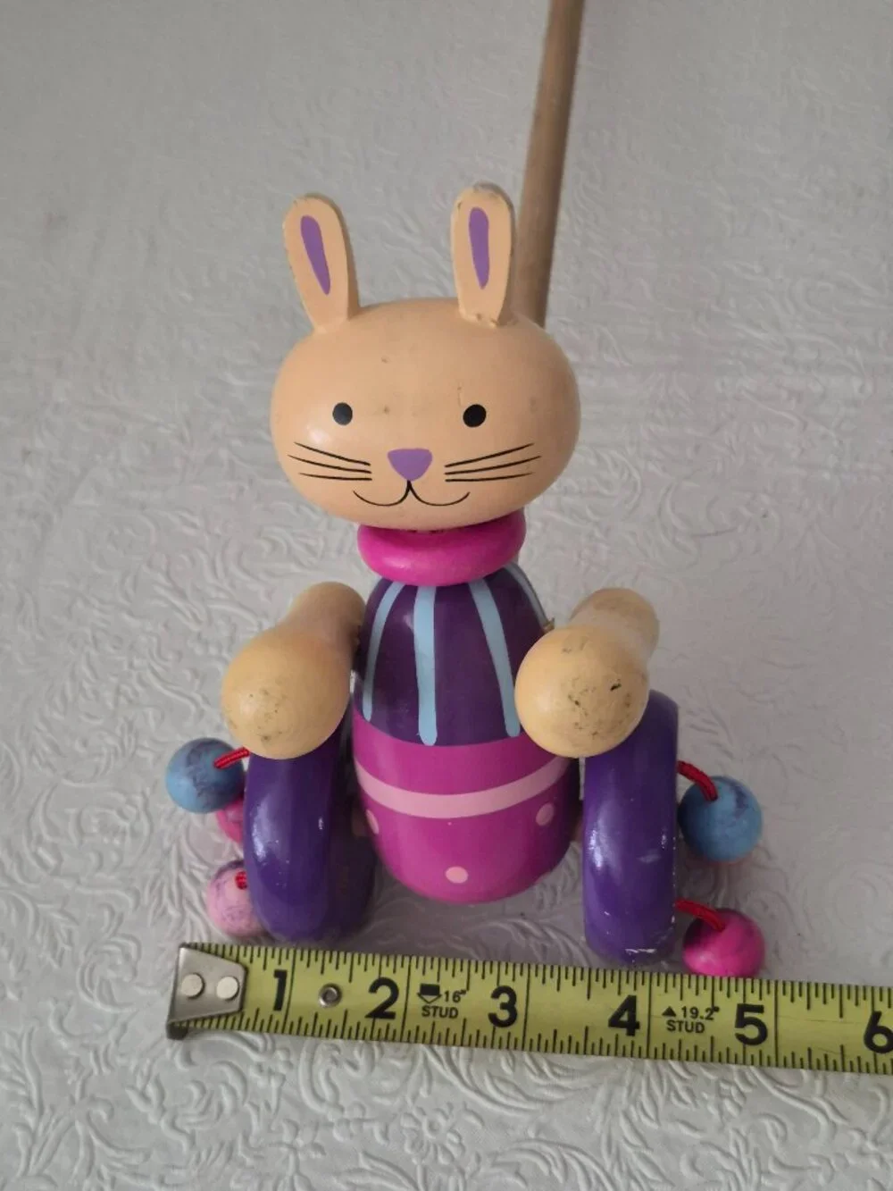 Wooden Rabbit Easter Bunny Kids Toddler Push Pull Clacker Toy Purple Pink